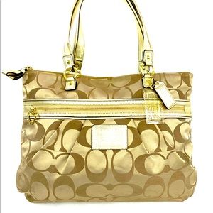 Coach Daisy F20026 Khaki Tan Signature Large Shoulder Tote Bag Purse Brass